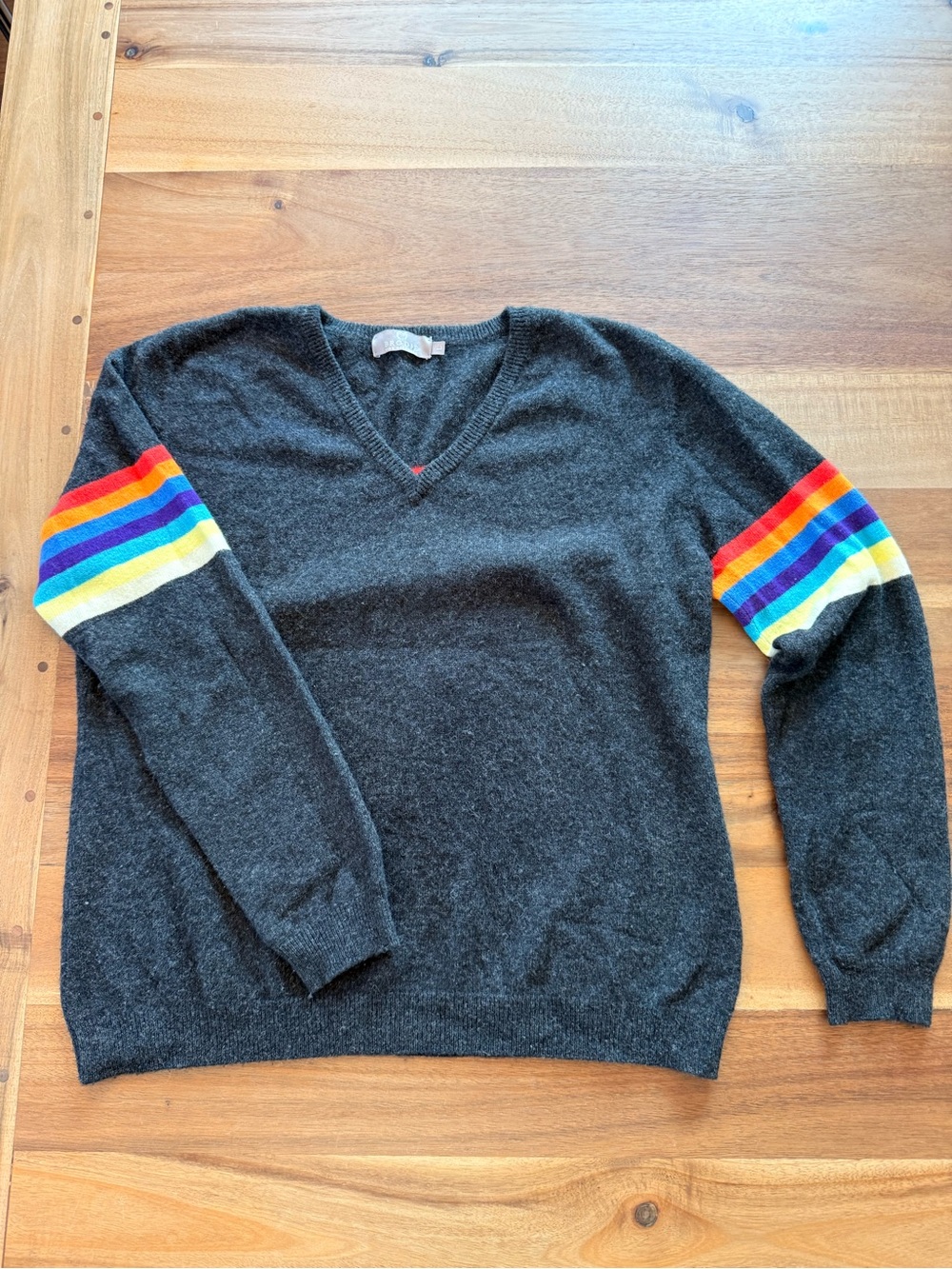 Brodie Cashmere Charcoal V-Neck Sweater with Rainbow Sleeve Stripes